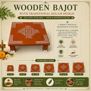 JEEVRIKSHA 8"x8" Wooden Bajot with Traditional Kolam Design | Pooja Chowki for Home Temple | All Sizes Available