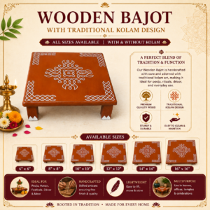 JEEVRIKSHA 10"x10" Wooden Bajot with Traditional Kolam Design | Pooja Chowki for Home Temple | All Sizes Available