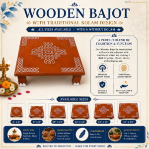 JEEVRIKSHA 12"x12" Wooden Bajot with Traditional Kolam Design | Pooja Chowki for Home Temple | All Sizes Available